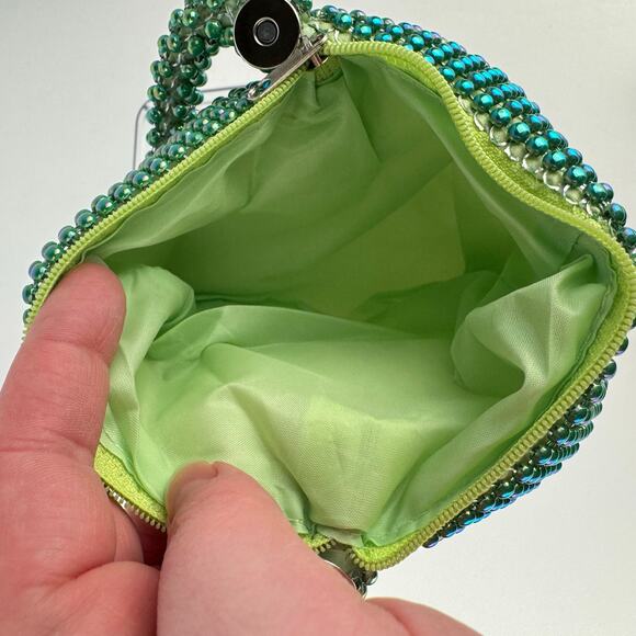 New Green Blue Iridescent Beaded Mesh Teardrop Zipper Wristlet Clutch Bag Purse - Picture 4 of 6